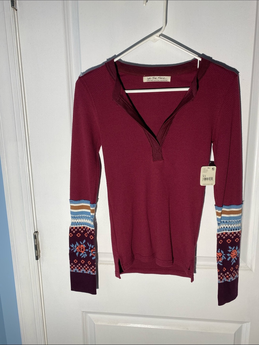 Free People Burgundy Long-Sleeve Henley with Patterned Cuffs